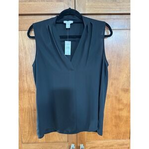 LOFT Black Mixed Media Sleeveless Blouse V-Neck Pleat Front NWT Medium